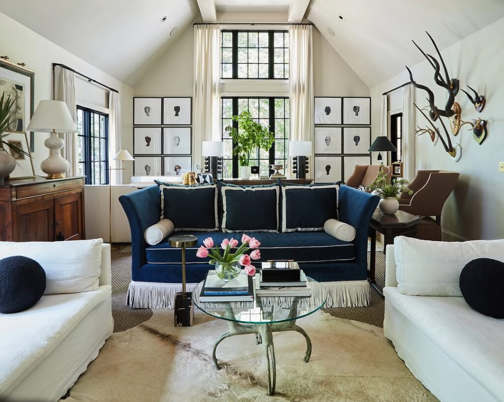 Navy Fringe Sofa in Crisp White Surroundings