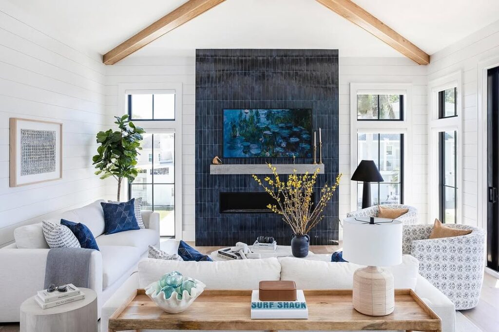 Navy Hearth in a Modern Coastal Retreat