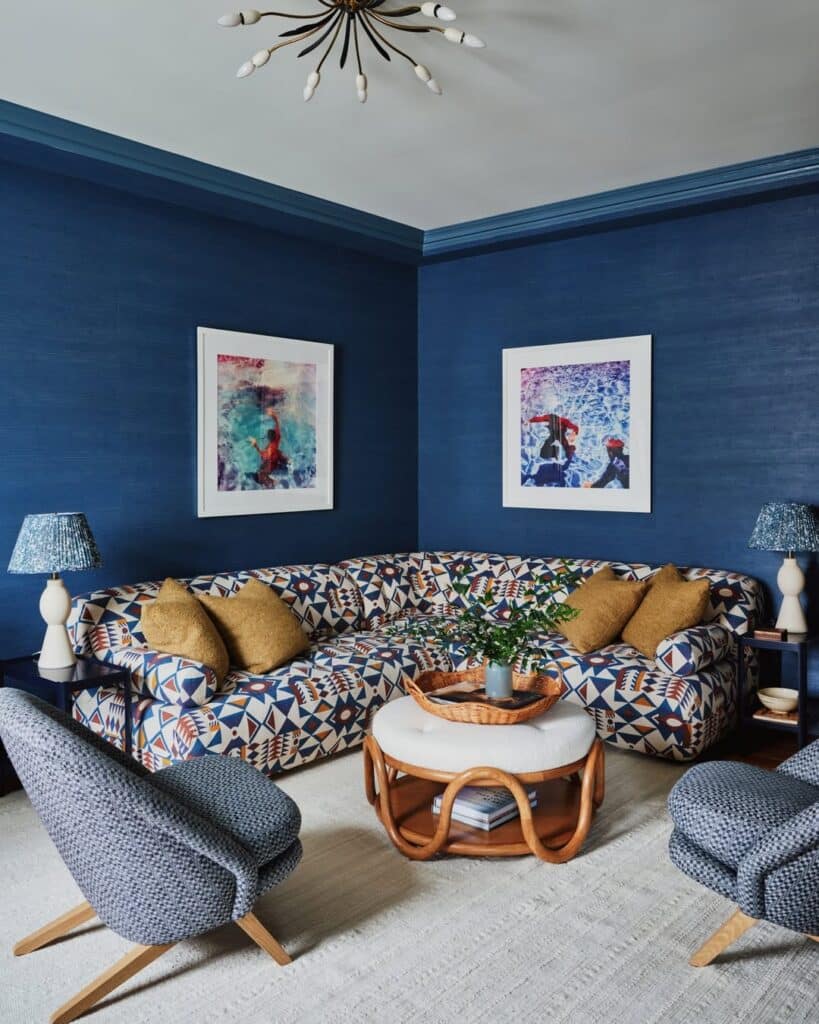Navy Room with a Patterned Retro Sofa