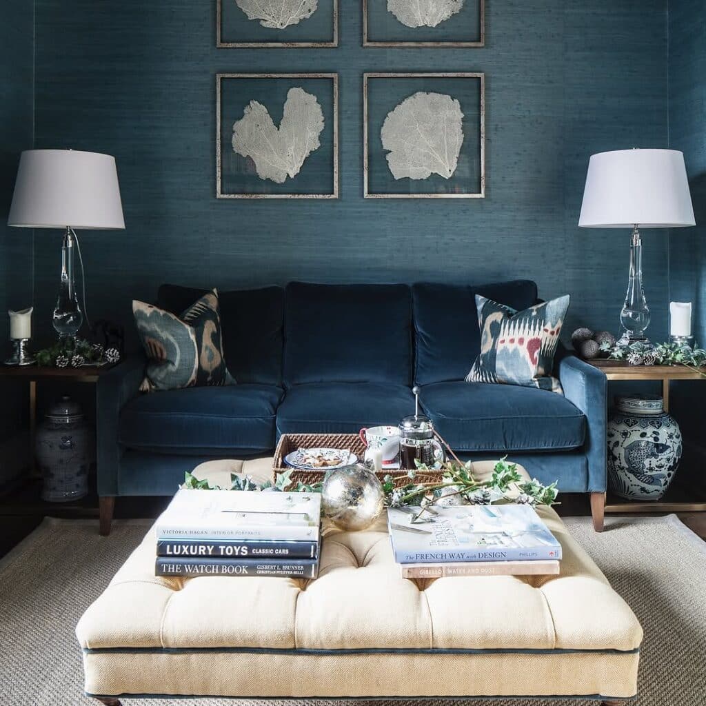 Navy Velvet Sofa with Abstract Ocean Shoreline Photography