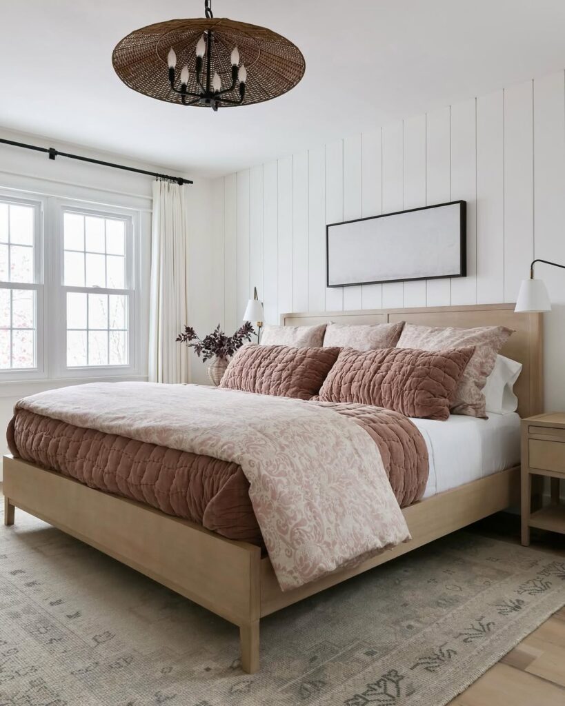 Neutral Blush Bedroom with Shiplap and Blonde Wood