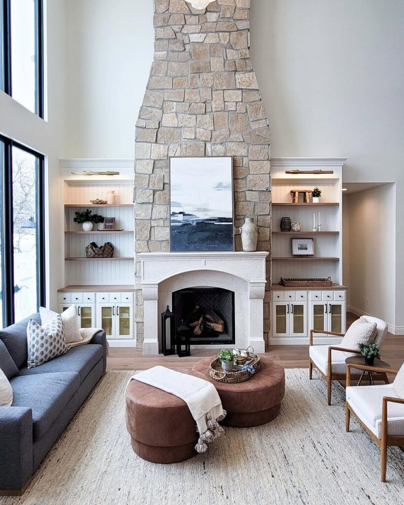 Neutral Fireplace with Built-In Shelving