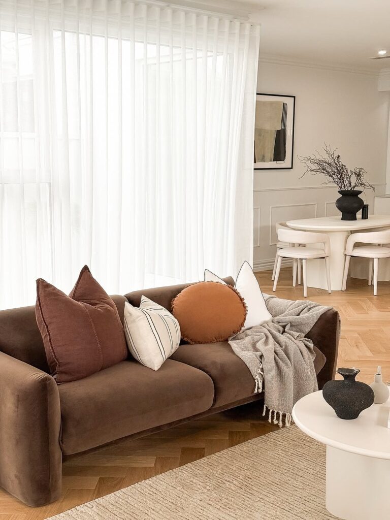 Neutral Living Room with Cocoa Velvet Sofa