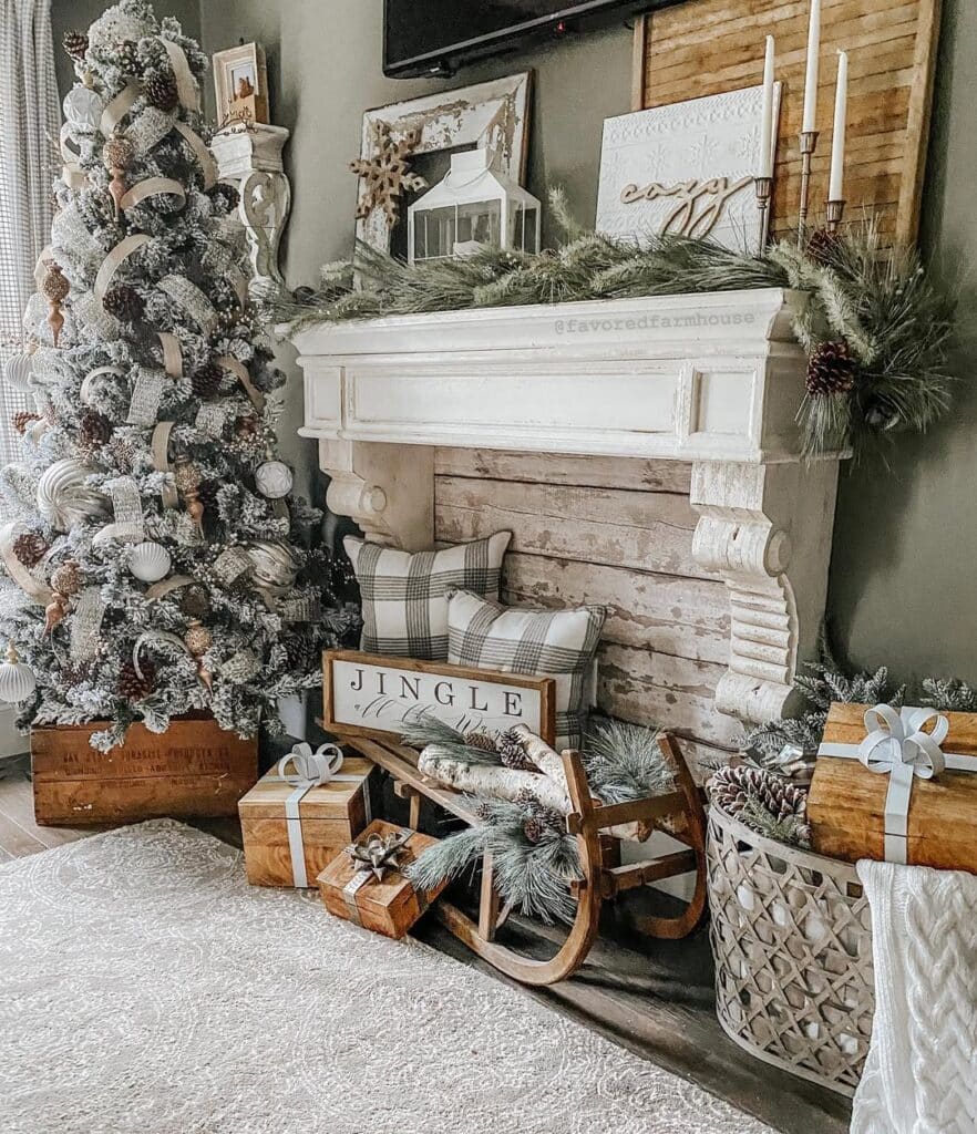 Neutral Pines and a Vintage Sleigh