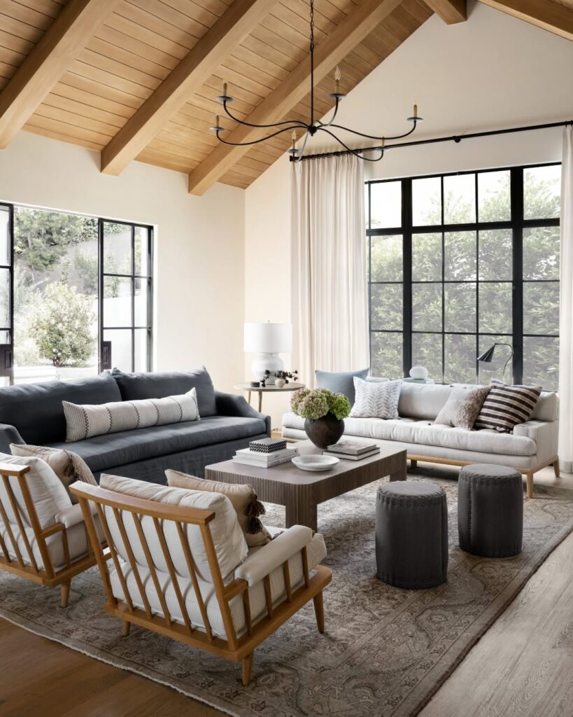 Neutral vaulted lounge featuring grand flow