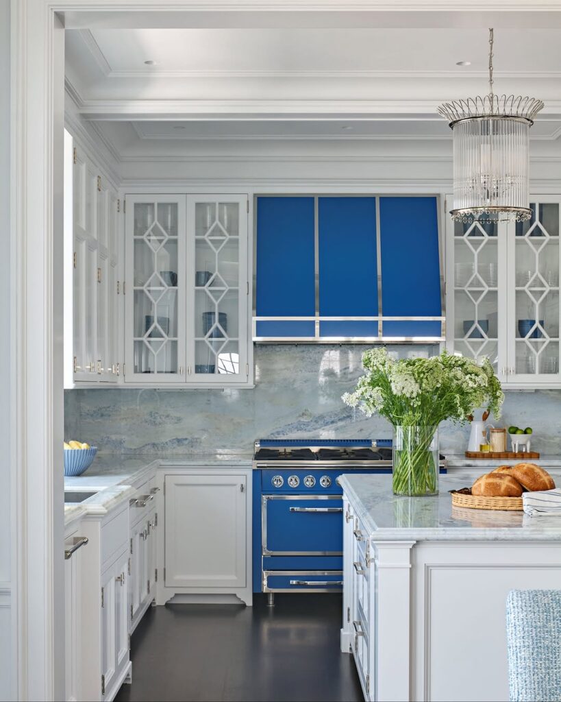 Ocean Blue Kitchen Range and Marble Backsplash