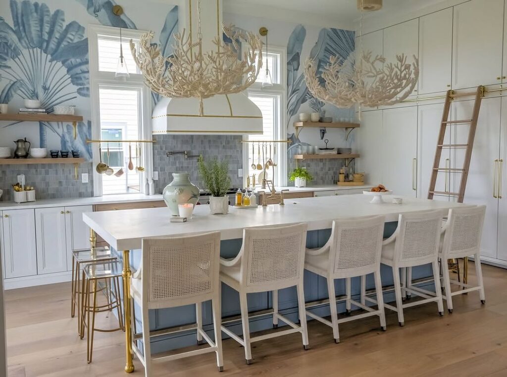 Ocean Mural Kitchen Lighting and Backsplash