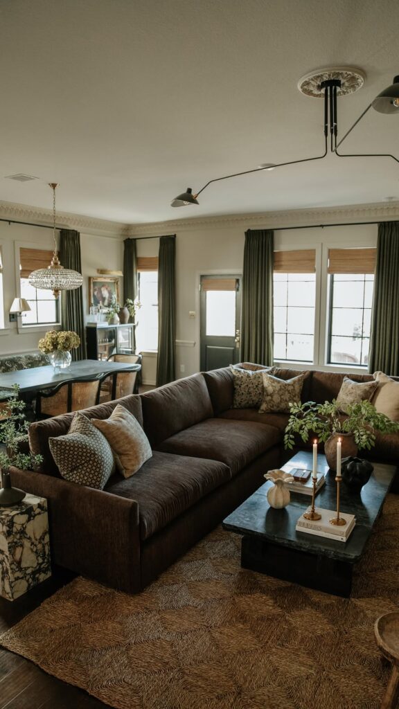 Olive Curtains Around a Dark Brown Sofa