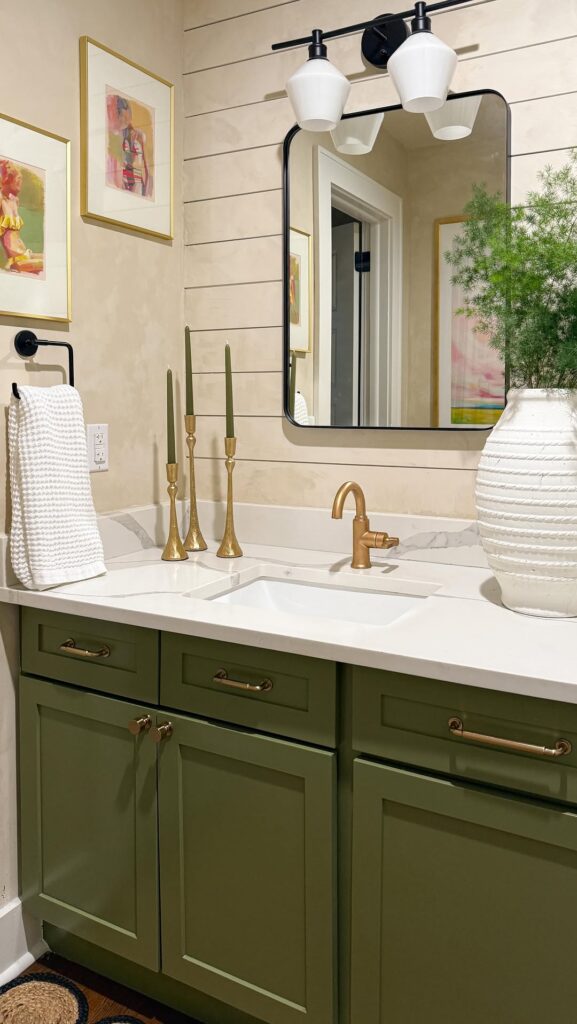 Olive Green Vanity with Brass Accents