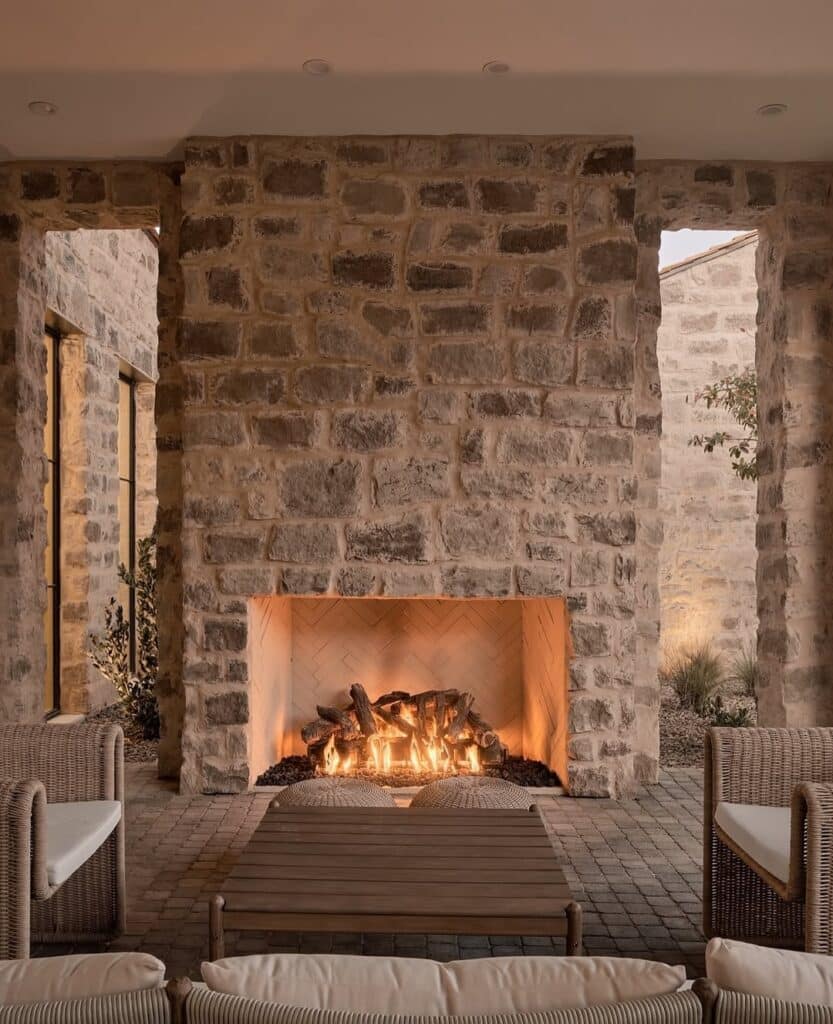 Open Limestone Indoor Outdoor Fireplace