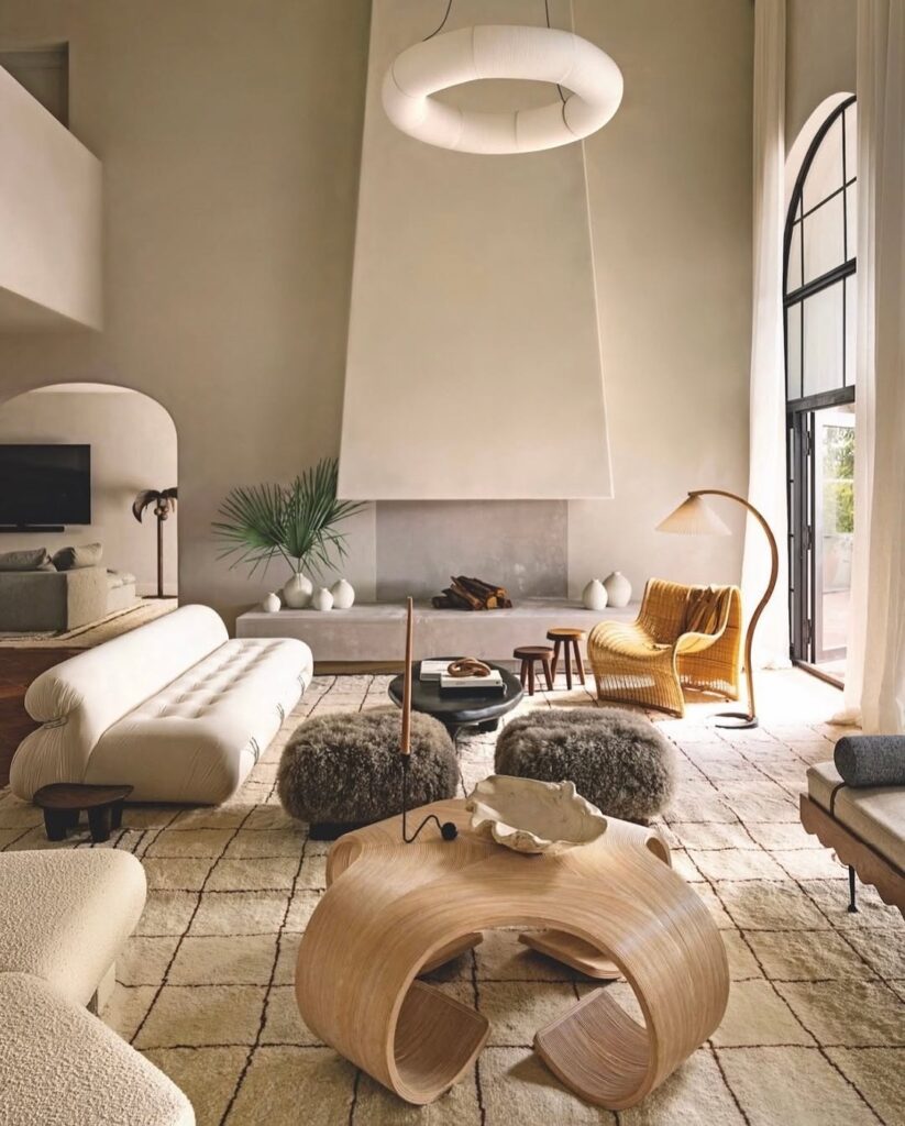 Organic Sculptural Earth Tone Hearth Room