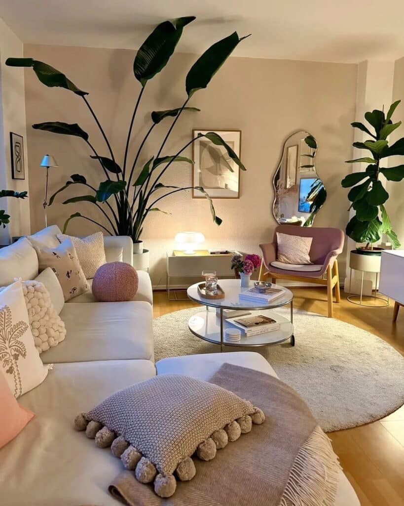 Oversized Greenery in a Pastel Lounge
