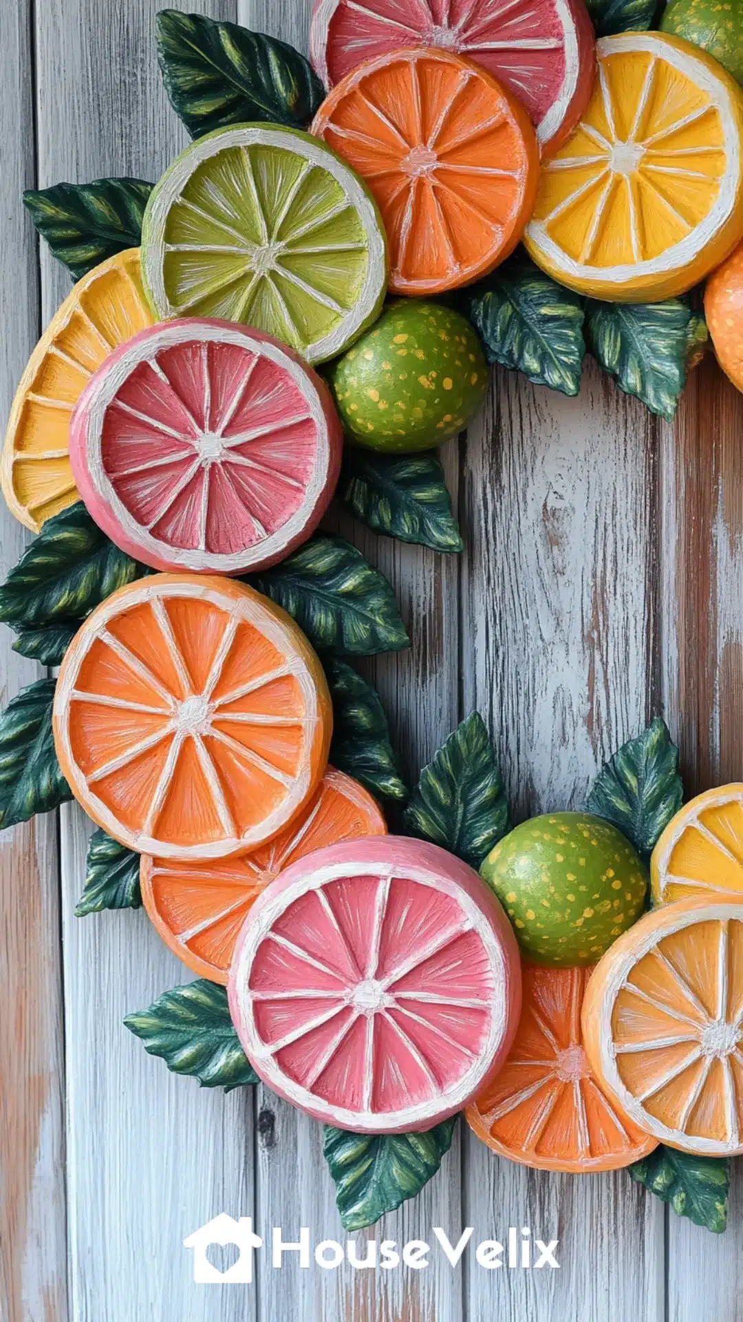 Painted Wooden Citrus Fruit Wreath with Lime, Orange, and Grapefruit Slices