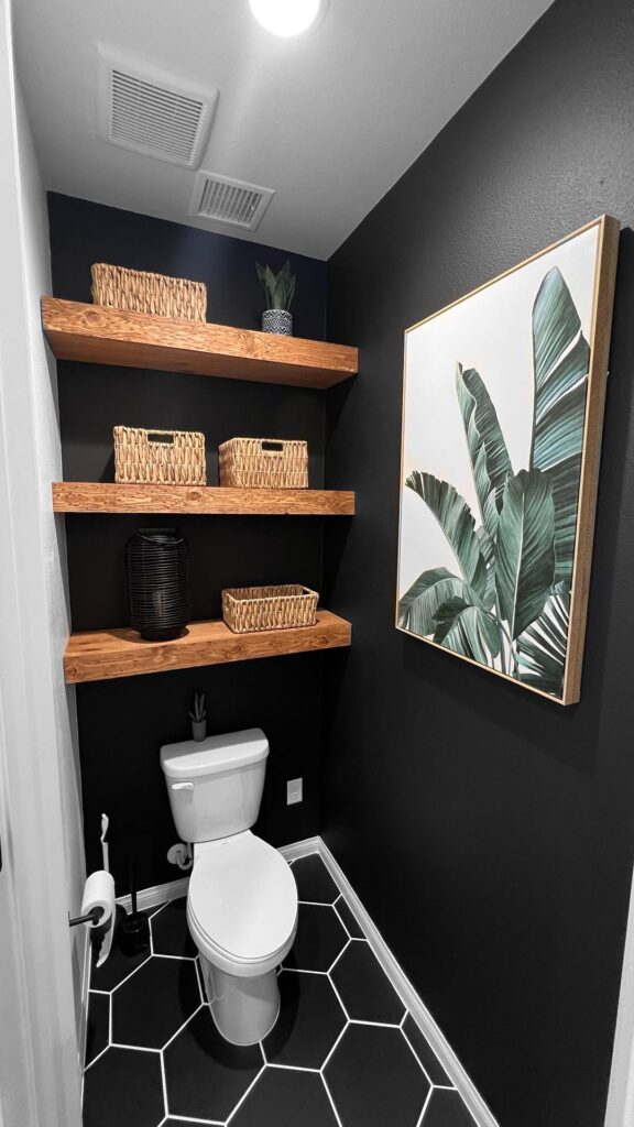 Powder Bathroom with Rustic Shelves and a Black Hex Floor