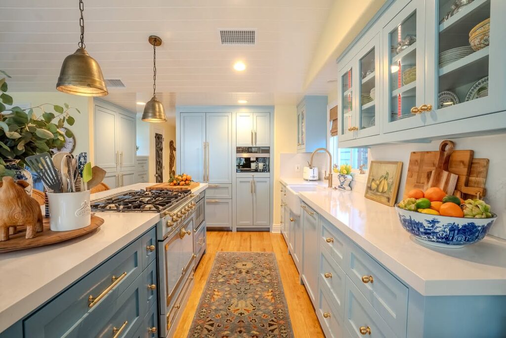 Powder Blue Cabinets and Brass Hardware