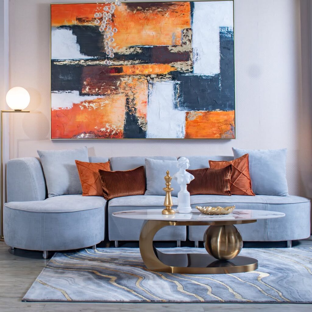 Powder Blue Curves beside Burnt Orange Art