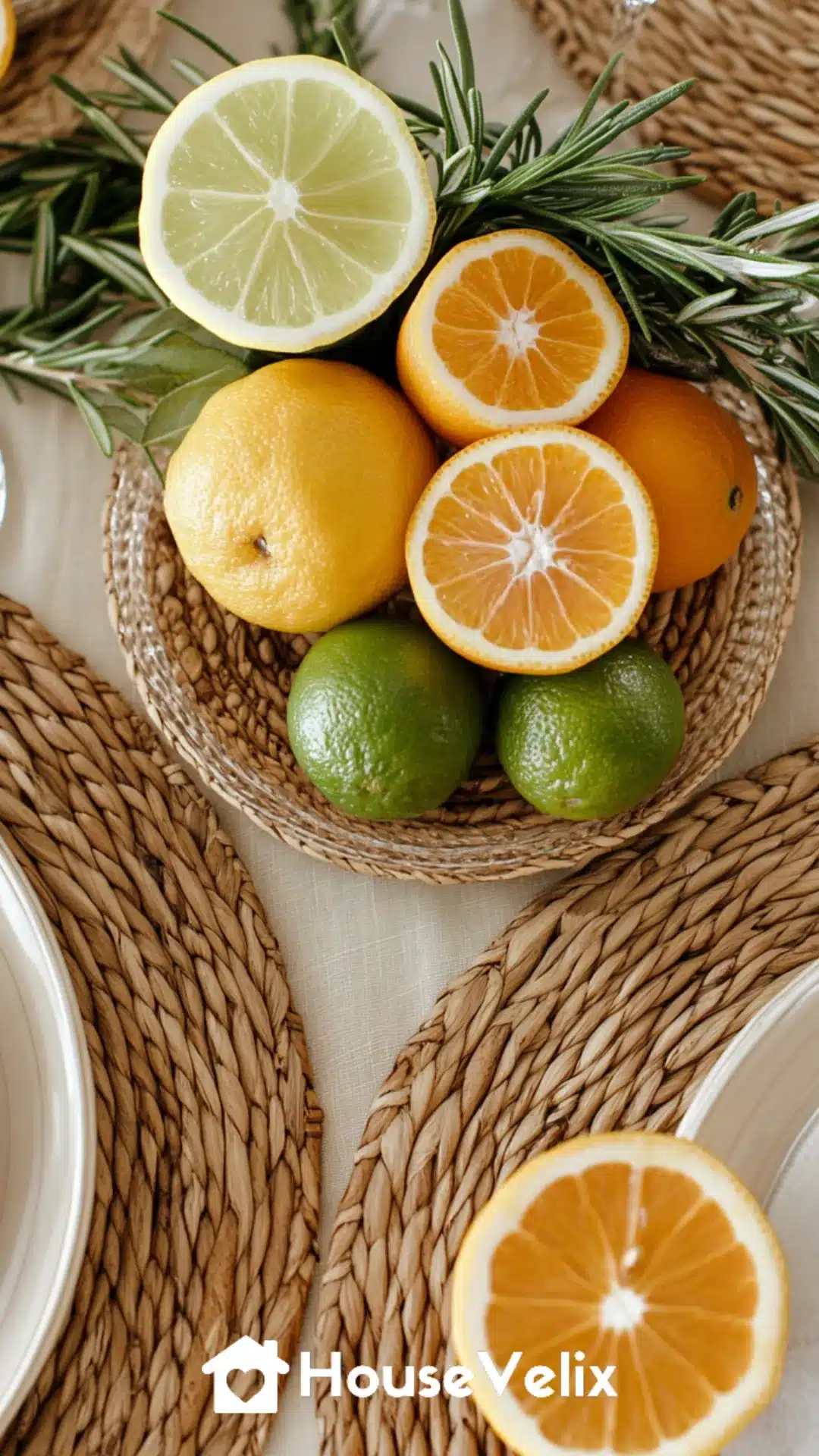 Rattan Charger Plates with Citrus Slice Centerpieces