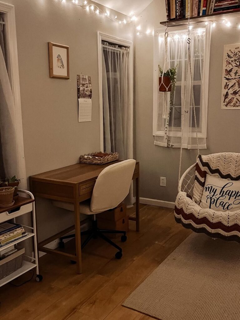 Reading corner in cottage style with fairy lights