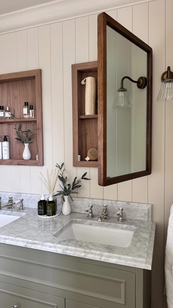 Recessed shelving niches and concealed mirror storage