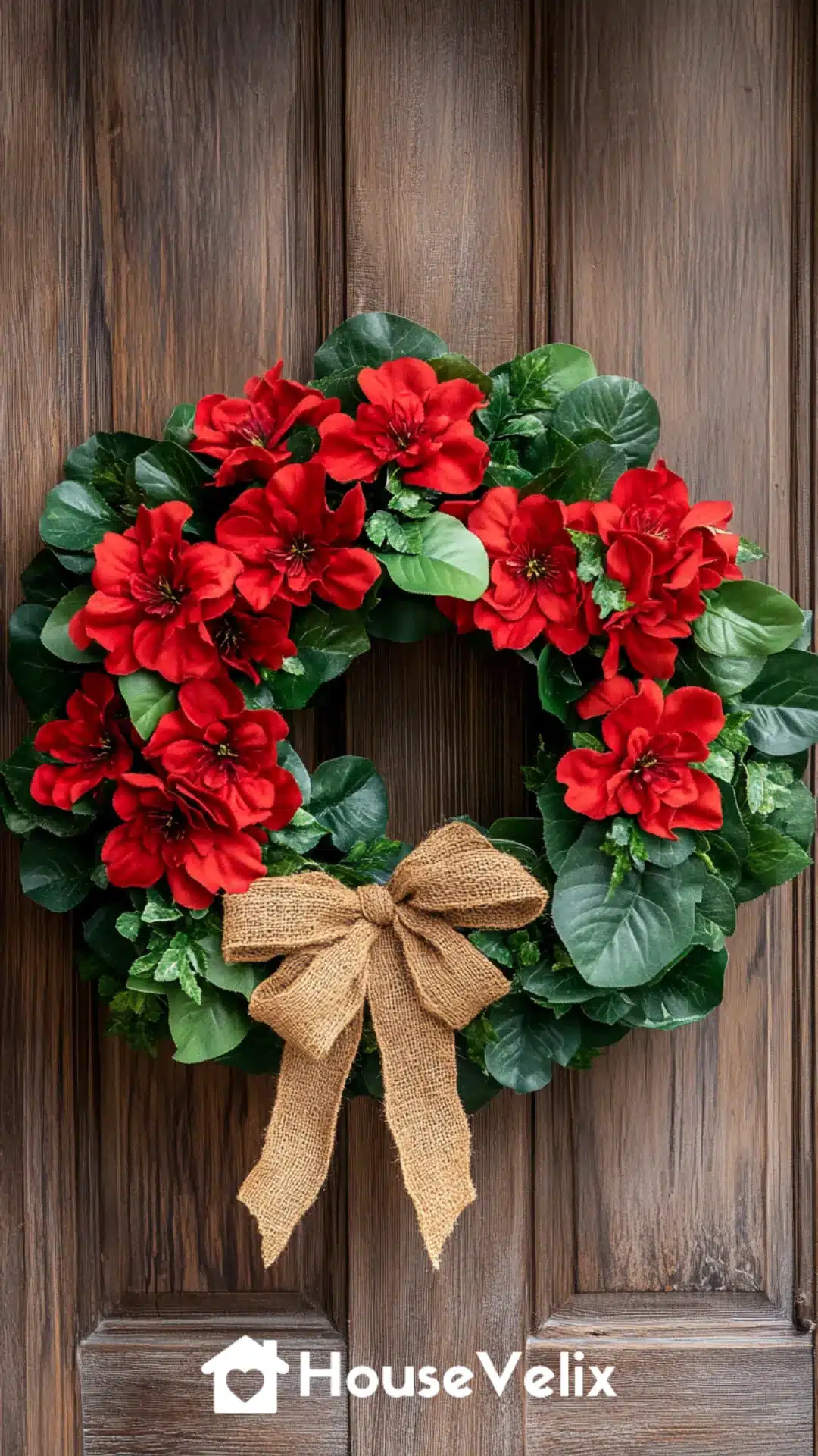 Bright Faux Geranium Wreath with Green Leaves and Jute Bow