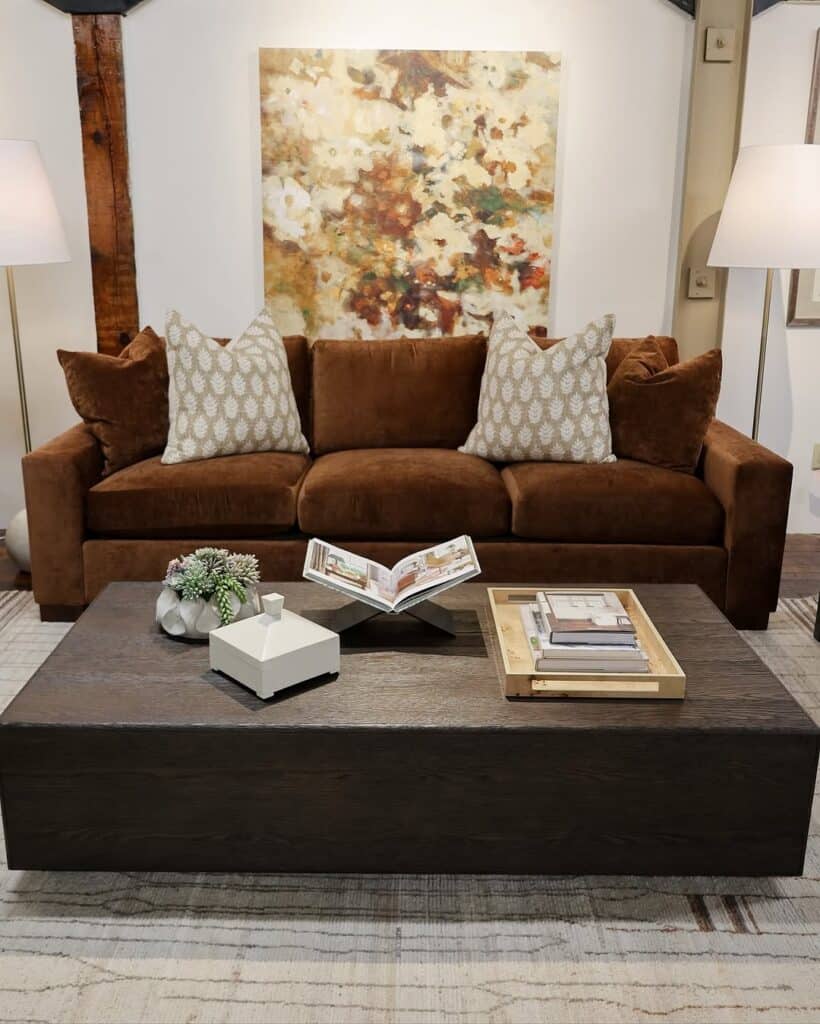 Rust Velvet Sofa and Artful Backdrop