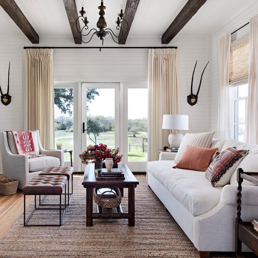Rustic Beams in a Light Boho Ranch Living Room