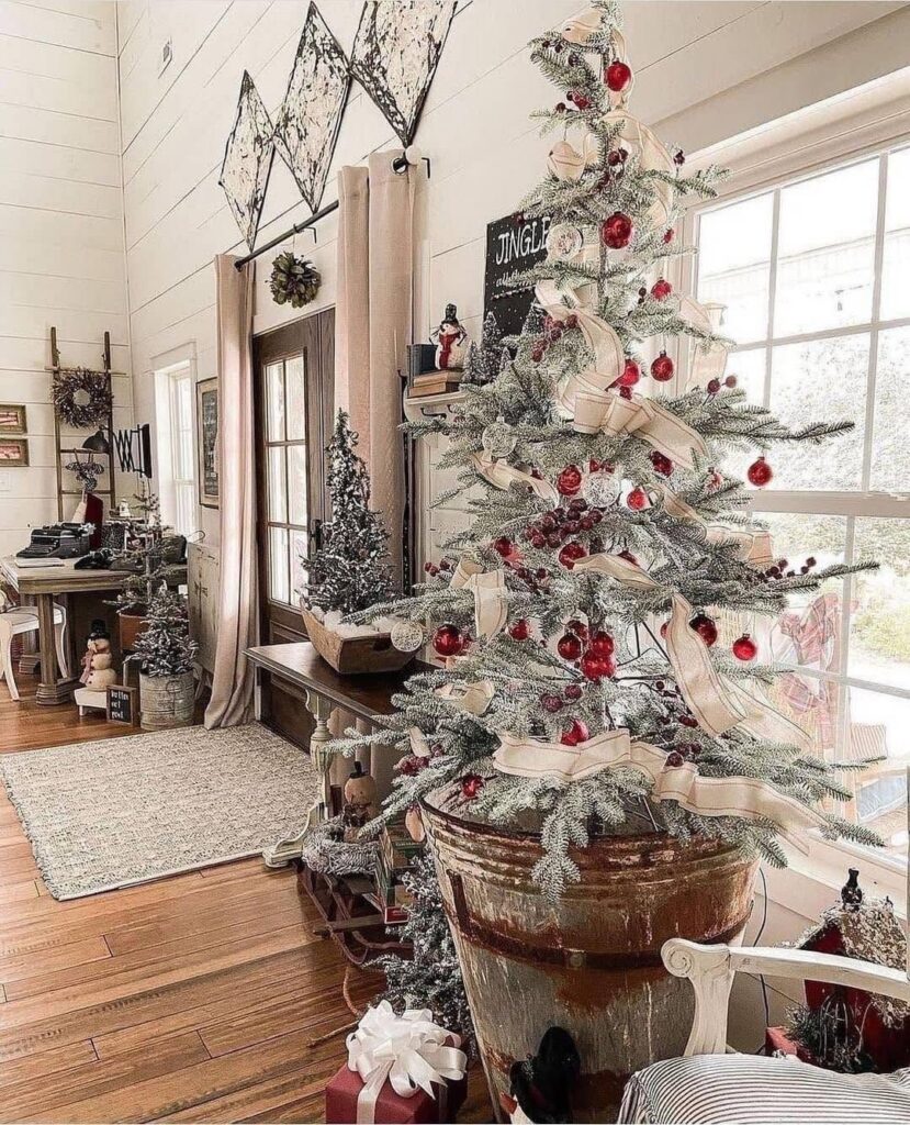 Rustic bucket flocked tree