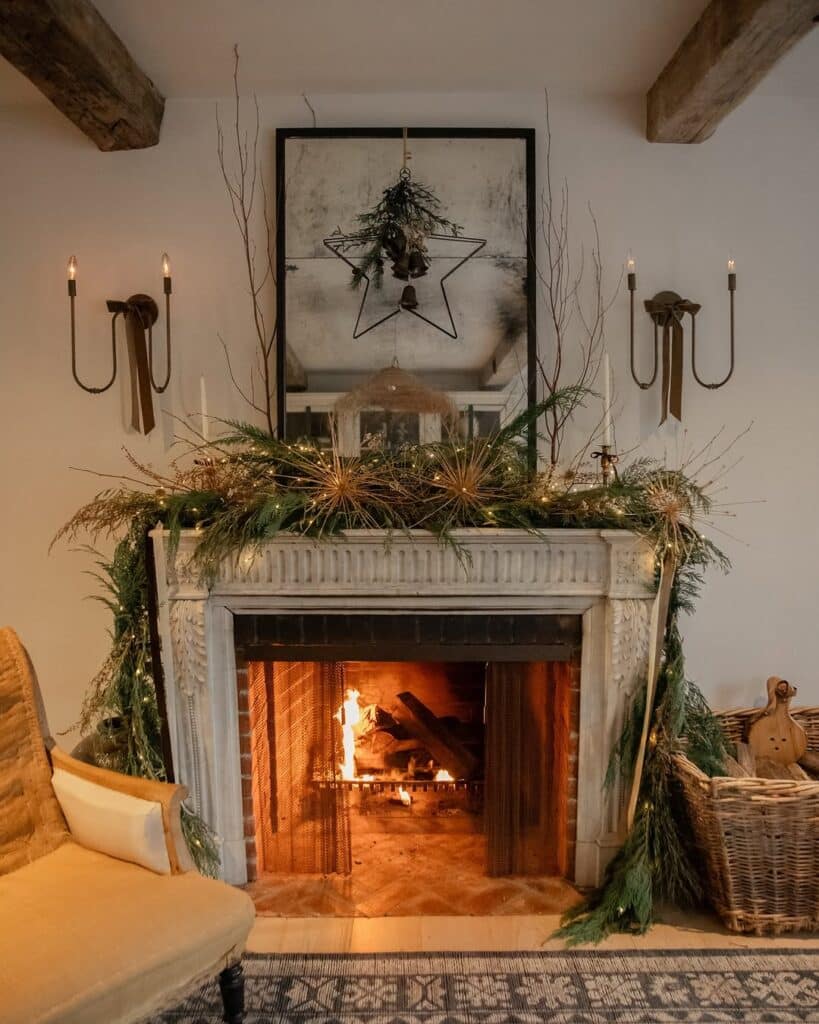 Rustic Evergreen Mantel with Star Accents