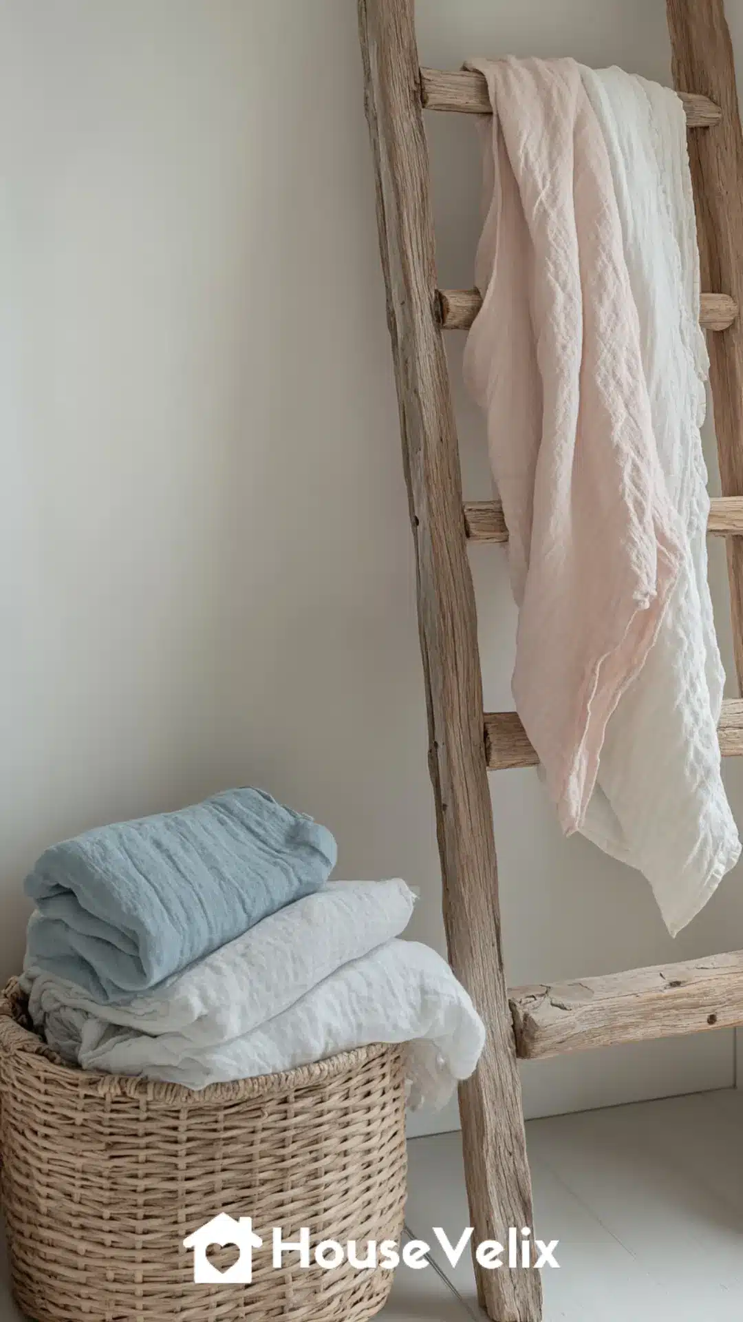 Rustic Wooden Ladder Decorated with Light Linen Throws