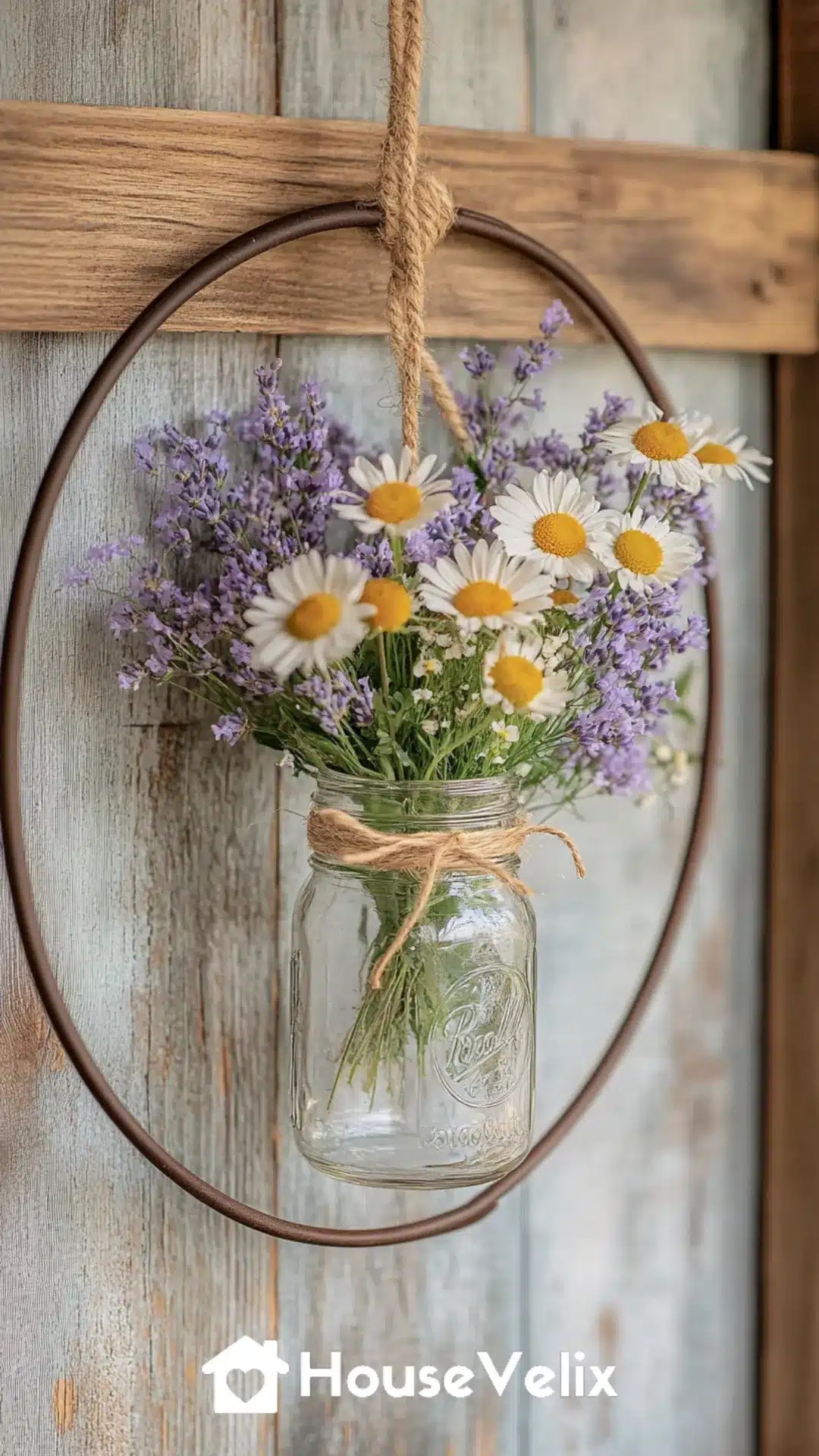 Rustic Metal Hoop Wreath with Hanging Mason Jar Vase