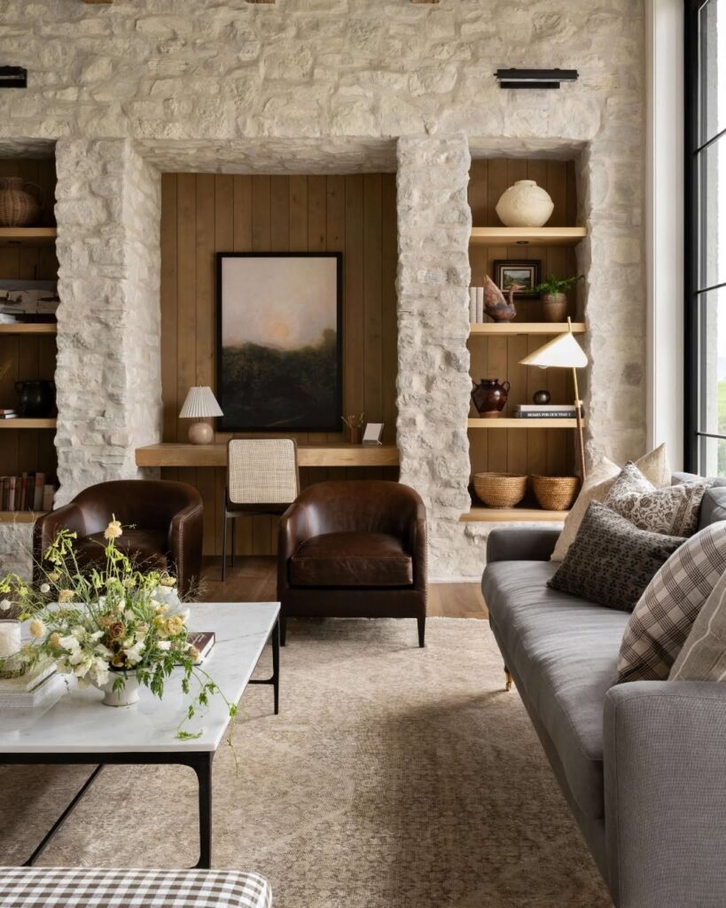 Rustic Stone Living Room in Warm Tones