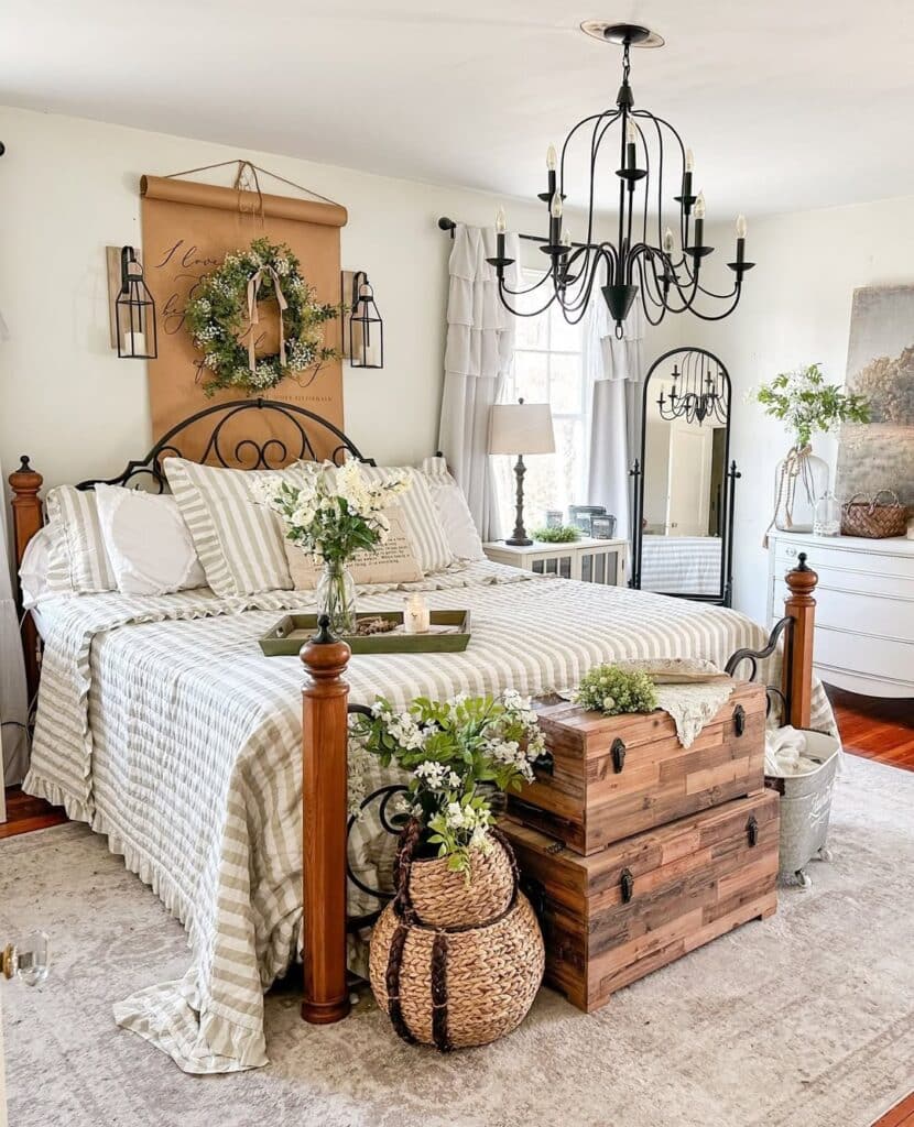 Rustic Striped Bedroom with Floral Accents
