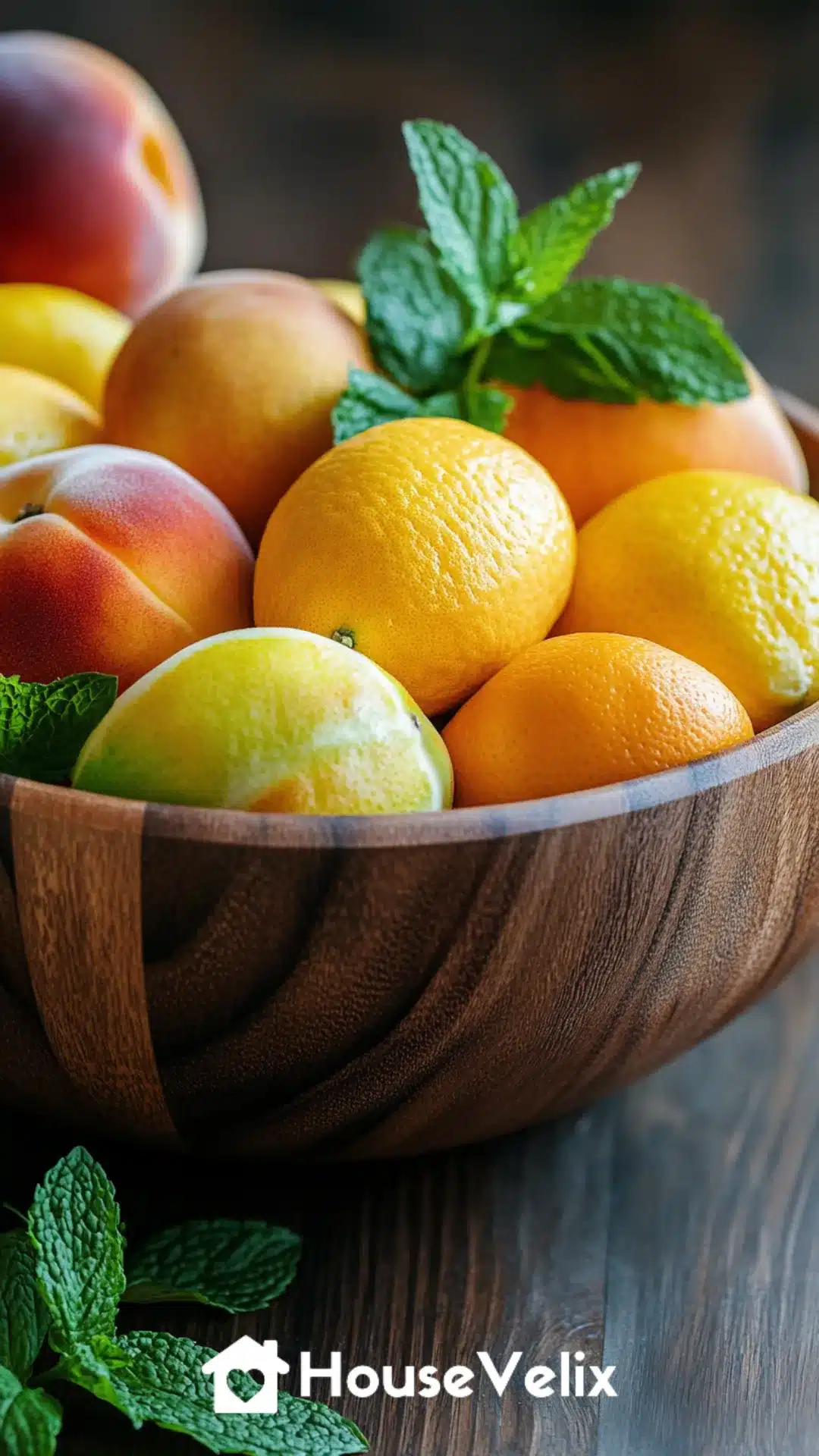Rustic Wooden Fruit Bowl Overflowing with Citrus and Peaches