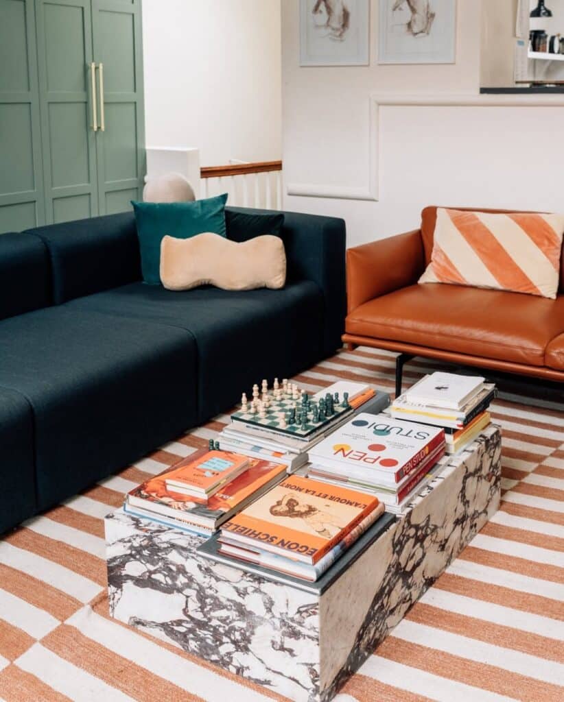 Sage Cabinets and Burnt Orange Seats