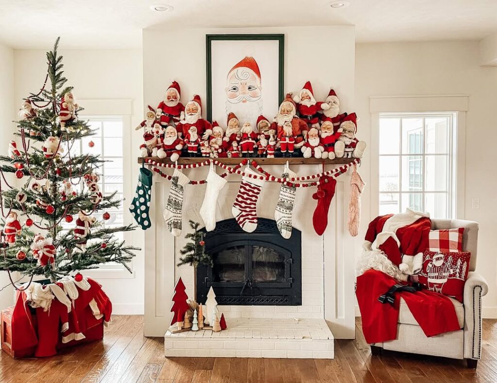 Santa Figurines on a Vintage Mantle