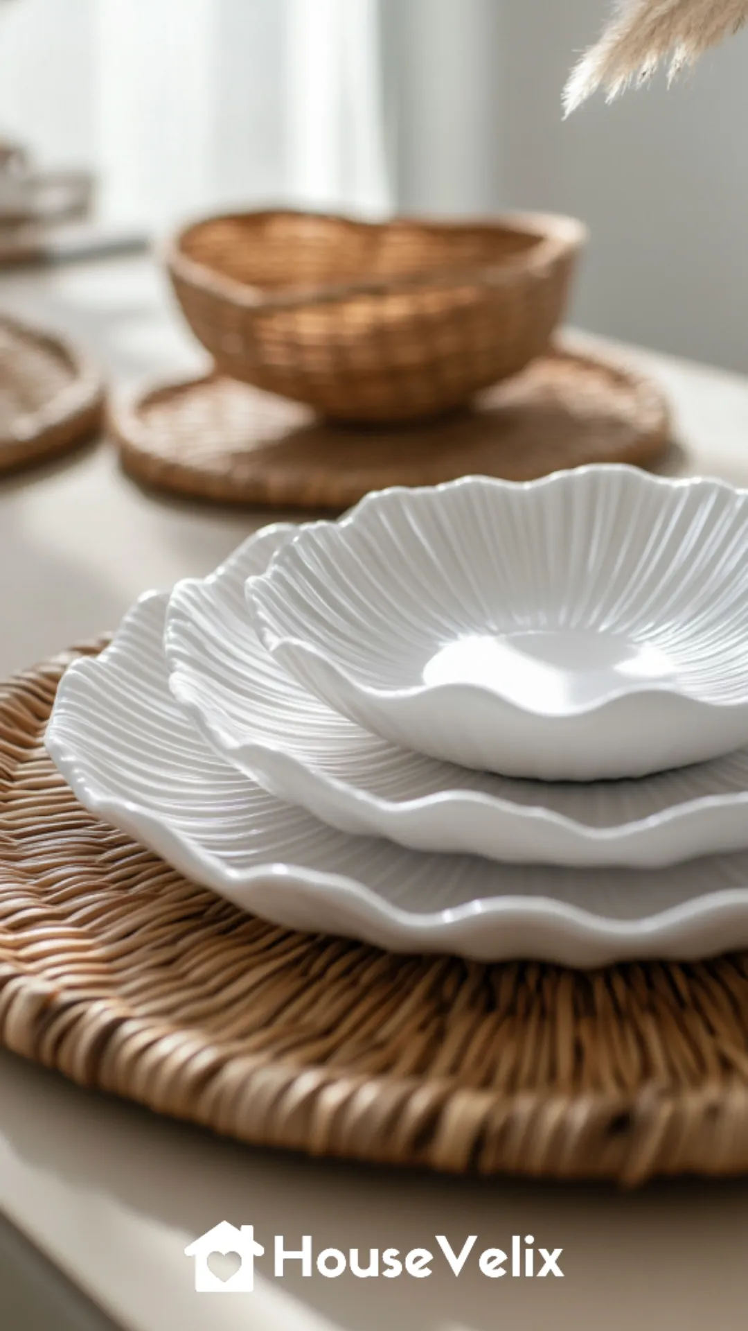 White Scalloped Ceramic Plates Layered with Rattan Chargers
