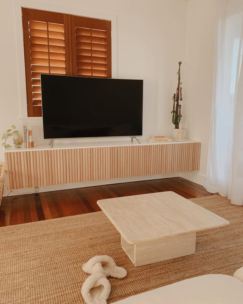 Scandinavian Floating TV Stand with Slatted Front