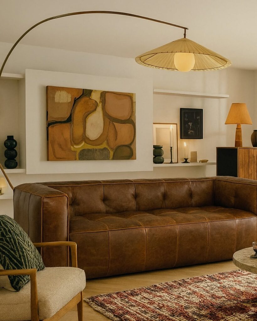 Sculpted Cognac Leather Lounge Beside an Arc Lamp