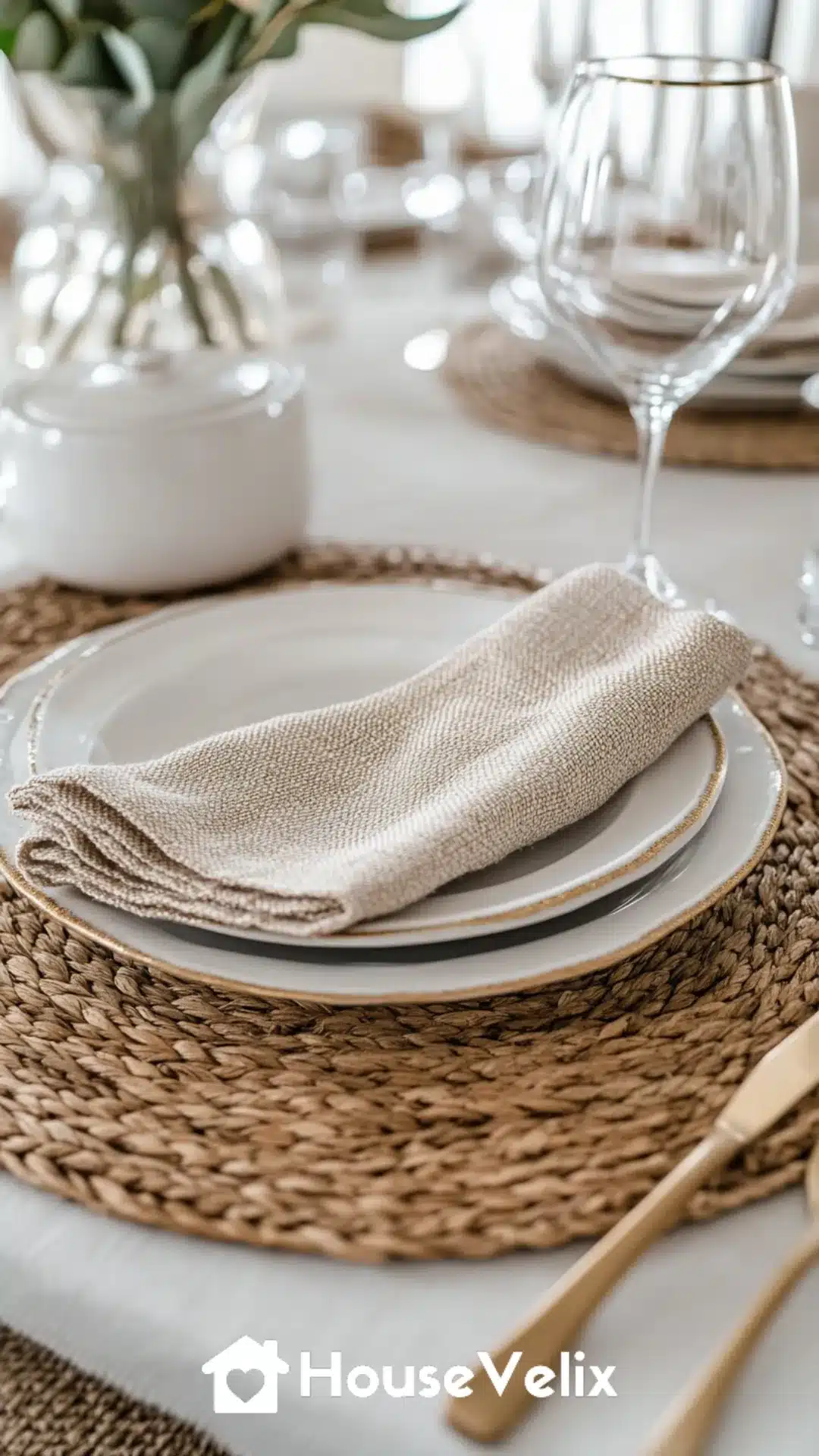 Woven Seagrass Placemats with White Ceramic Dinnerware