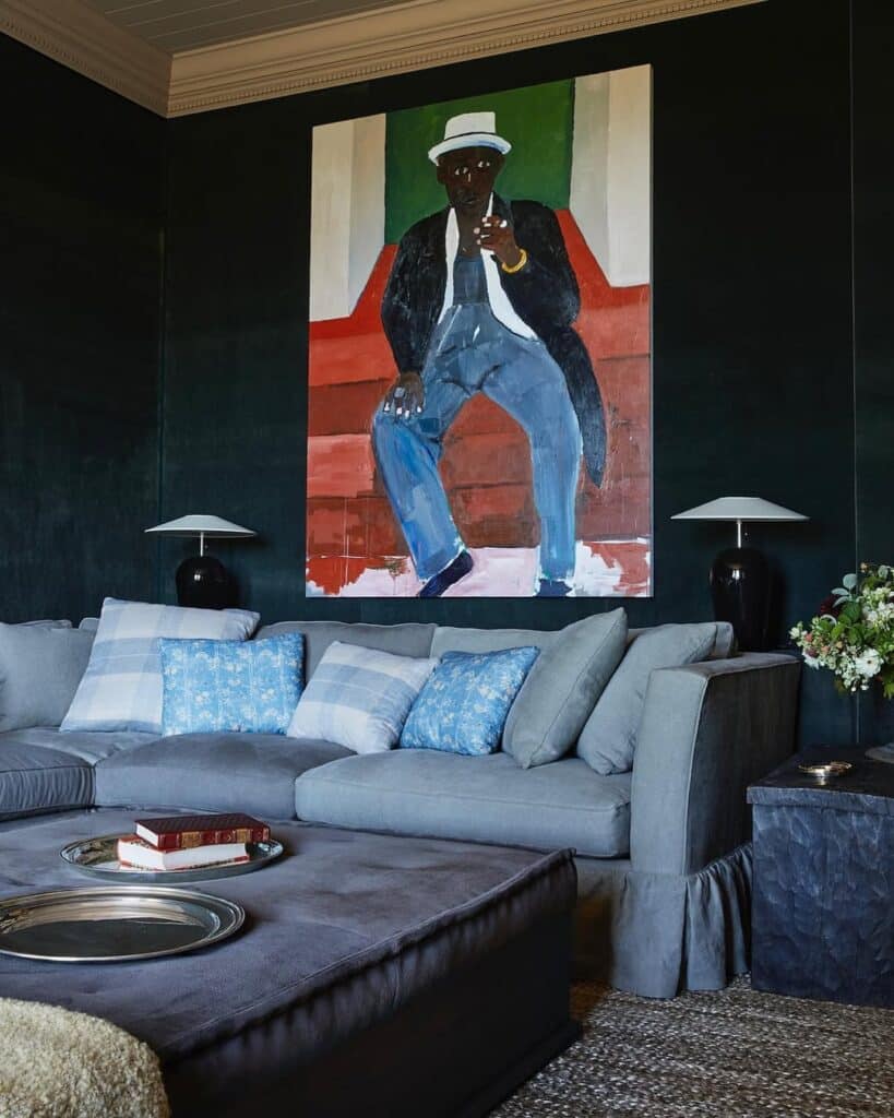 Sectional in Stormy Blue with Expressive Artwork