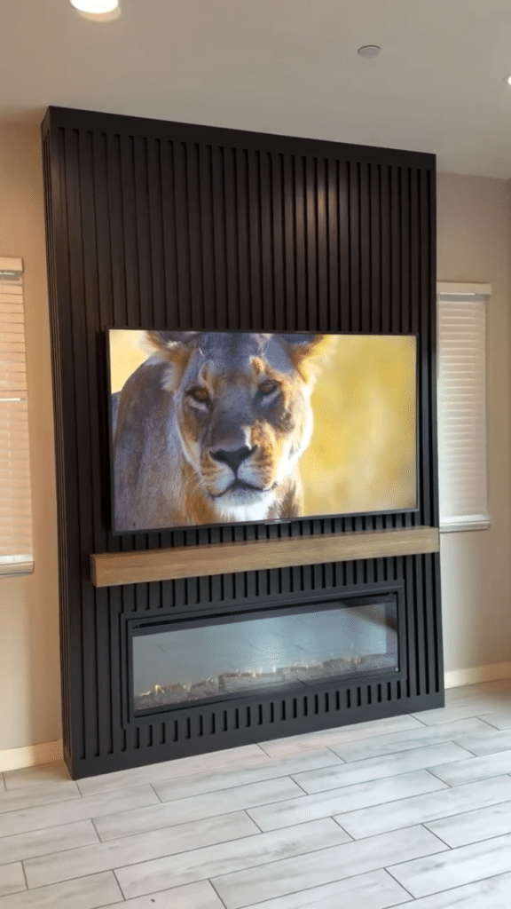 Slatted Matte Black Fireplace Media Wall