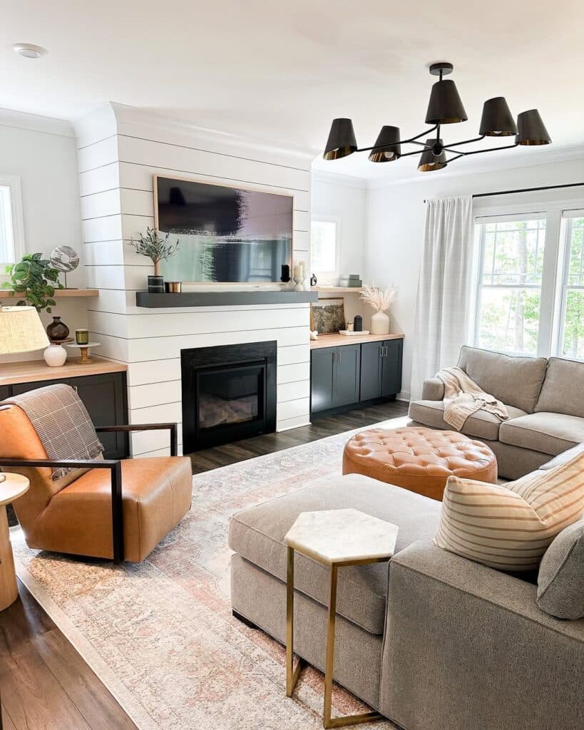 Sleek Fireplace with Shiplap Finish and Warm Accent