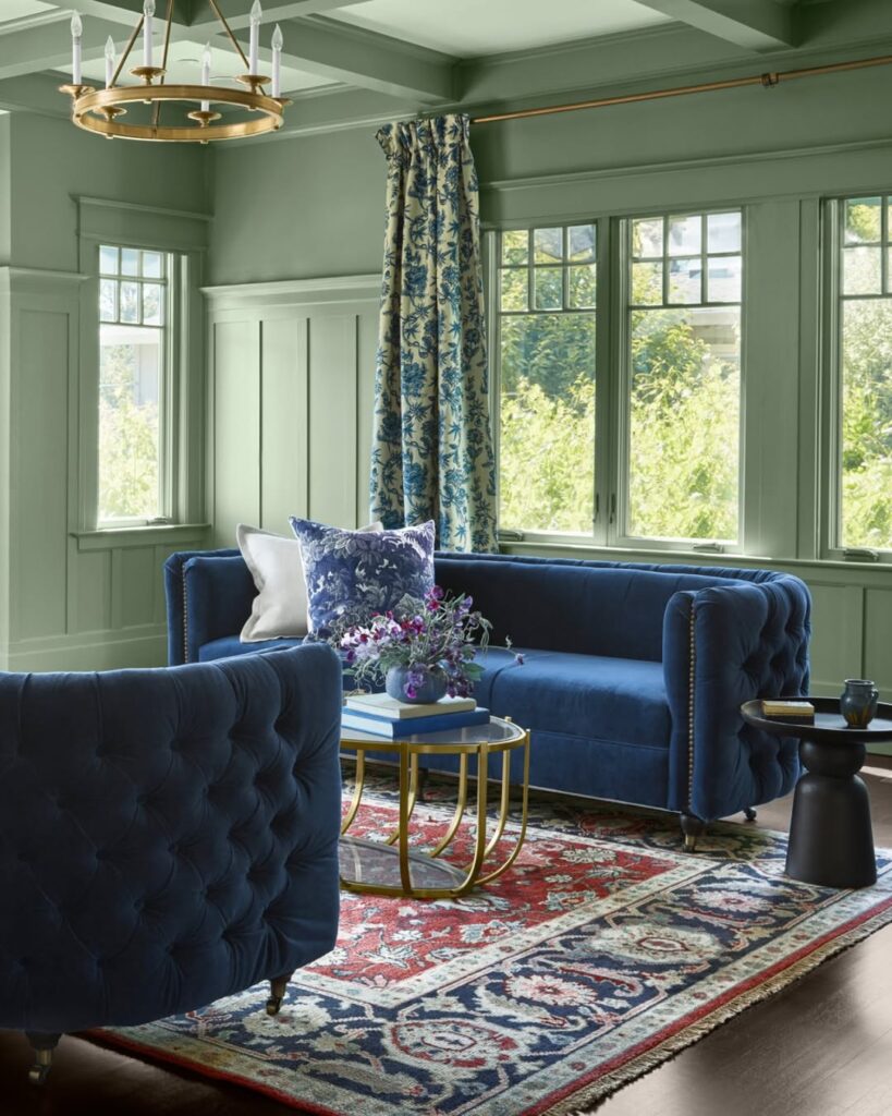Soft Sage Walls with Navy Velvet