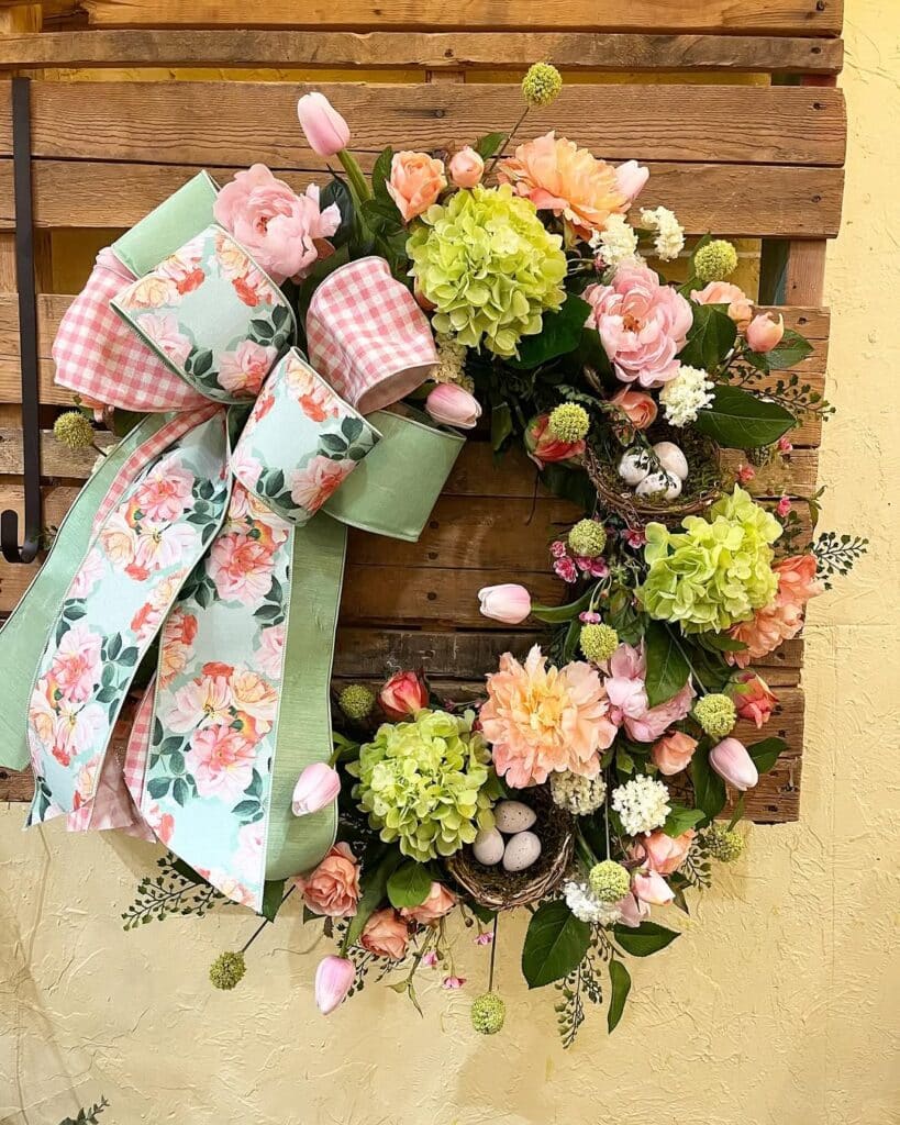 Spring Garden Nest Wreath with Gingham Ribbon