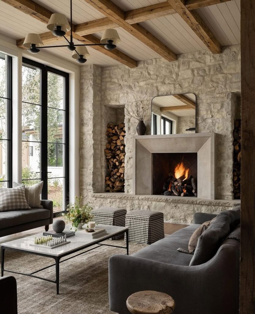 Stone fireplace and wood storage in a modern rustic style