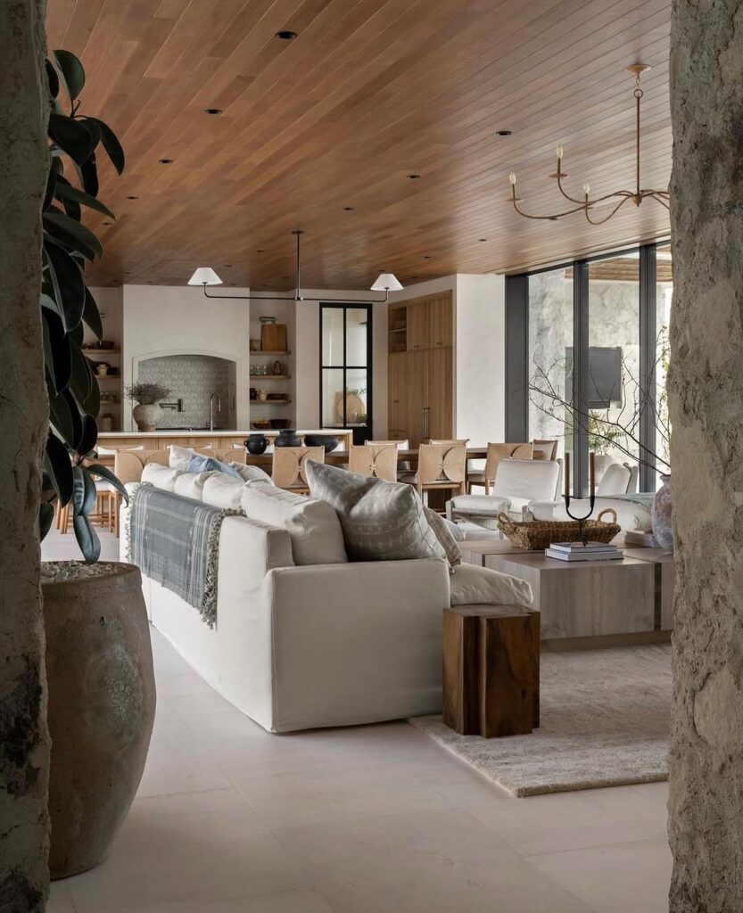 Stone Framing for a Warm Wood Ceiling