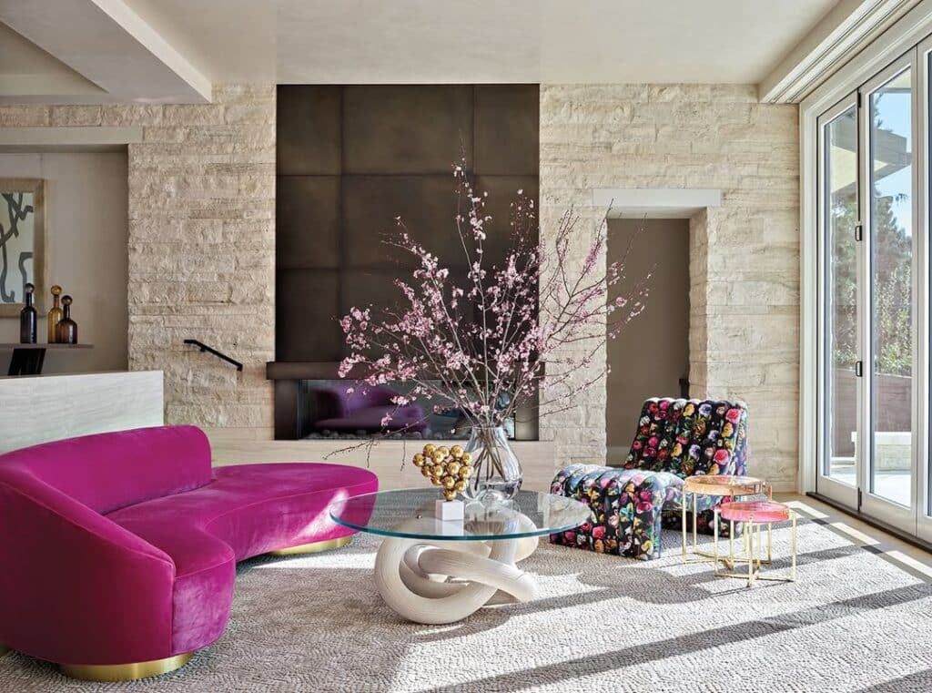 Stone Modern Room with a Fuchsia Sofa