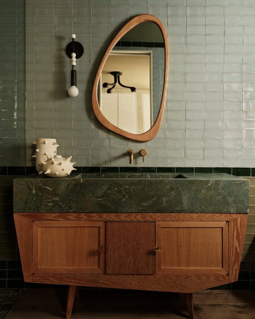 Teak Mid Century Vanity with Stone Slab