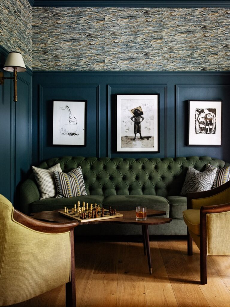 Teal Enclosure with Olive Tufted Seating