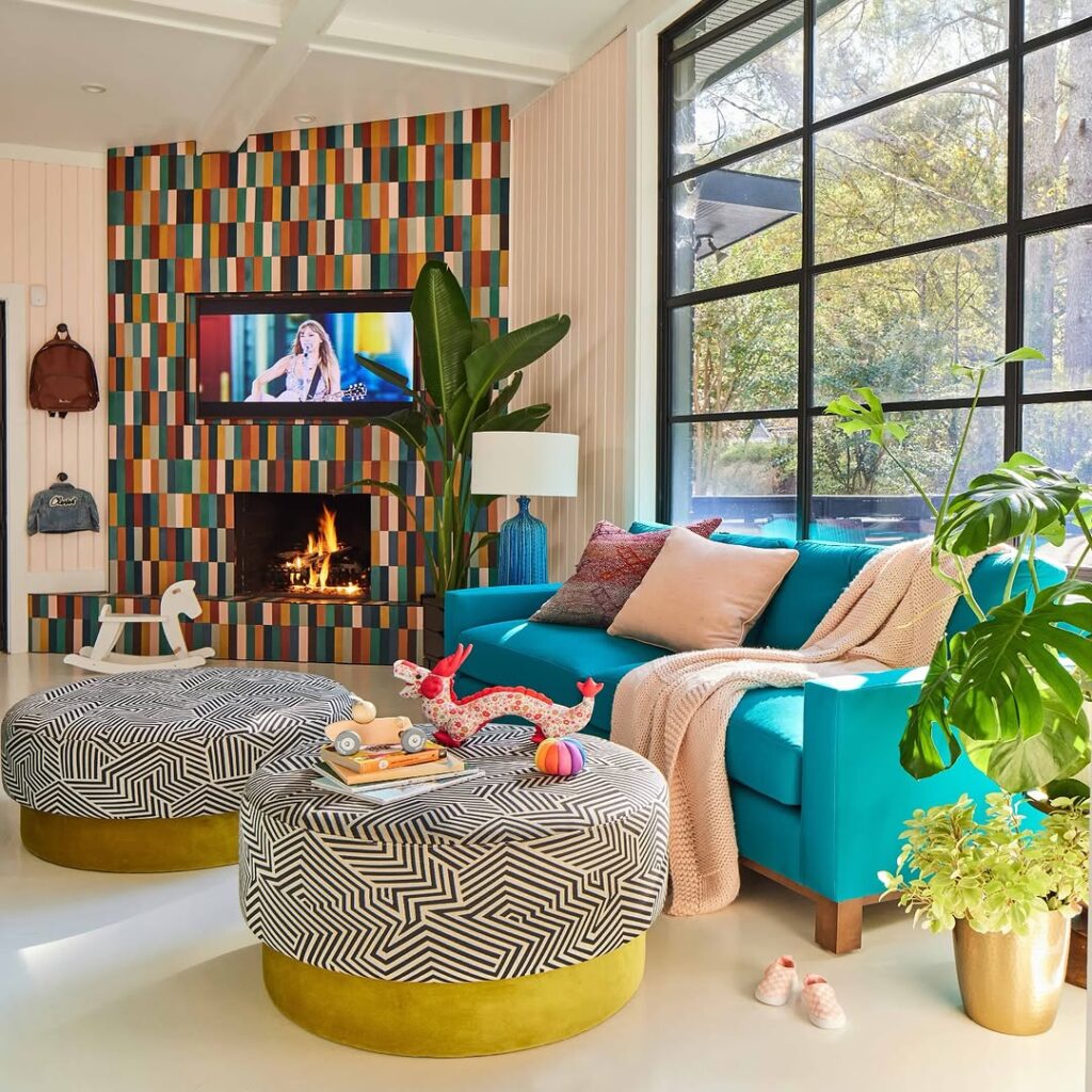 Teal Graphic Tile Living Room
